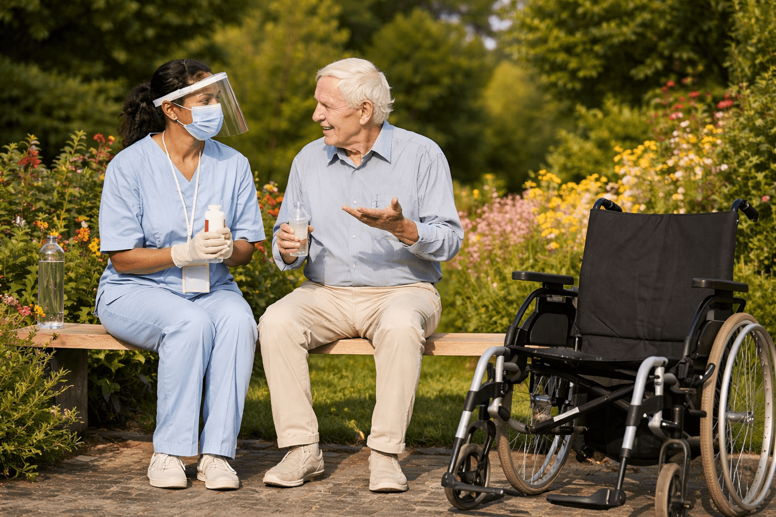 Caregiver supporting a client outdoors during a nursing care visit