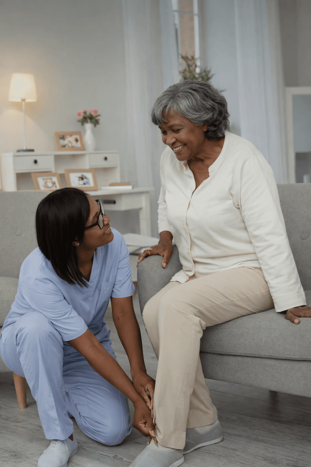 Caregiver helping a client with personal care at home
